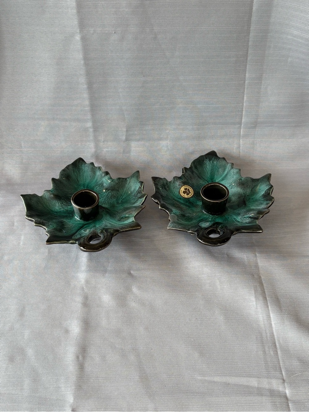 Vintage Green Leaf Ceramic Candle Holders - Set of 2